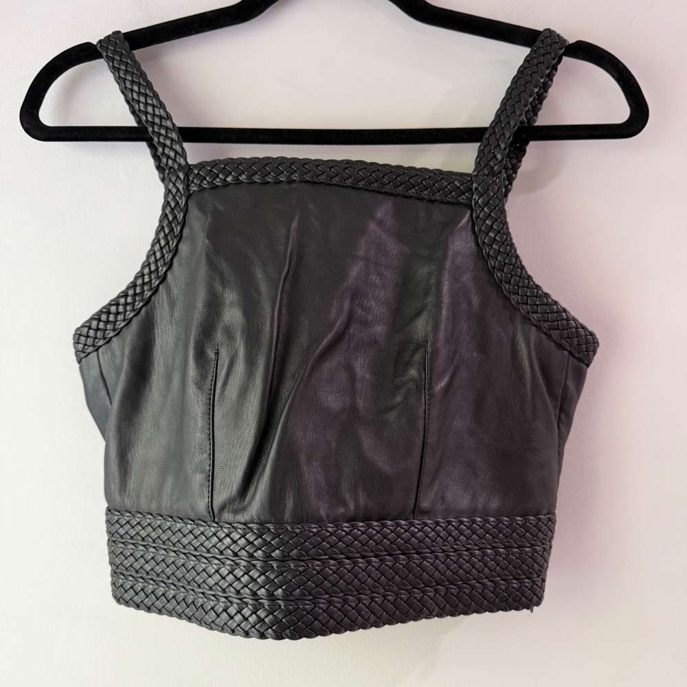 Pilcro Faux Leather Crop Top Womens XXS Black Excellent Braided Corset Back